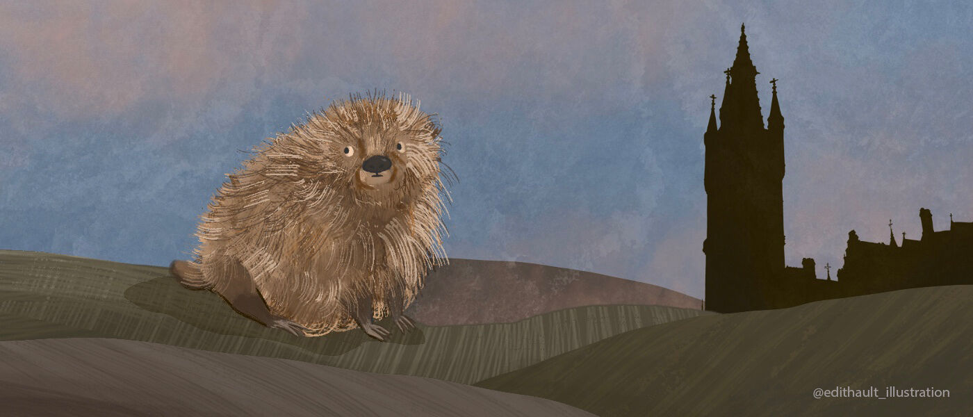 Drawing of a haggis next to the UofG tower